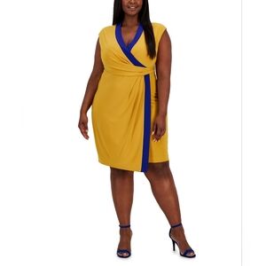 Kasper Plus Size Colorblocked Faux-Wrap Dress.  Royalgold